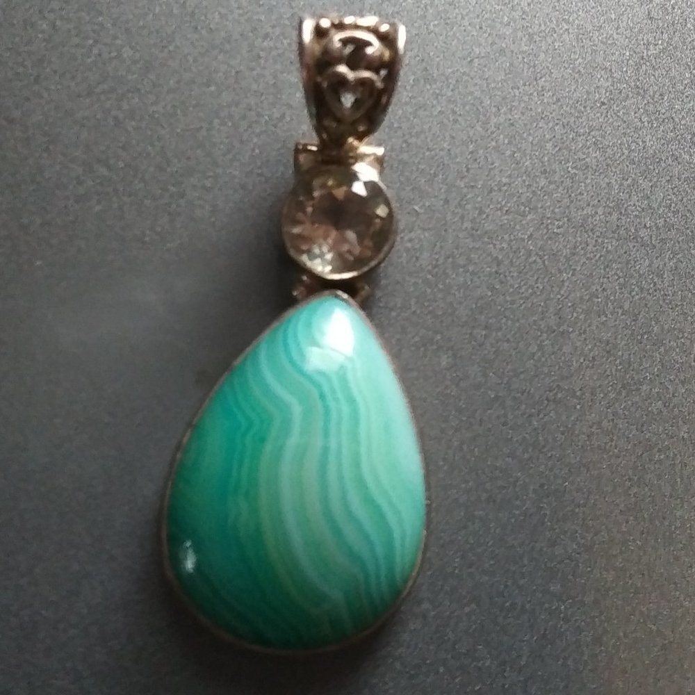 Greeny Blue Agate Pendant with cubic zirconia.